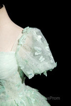 Green A-Line Tulle Beaded Sequin Long Evening Prom Dress, Beautiful 3D Butterfly Evening Dress