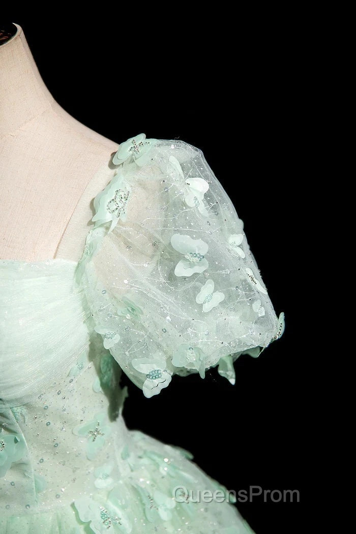 Green A-Line Tulle Beaded Sequin Long Evening Prom Dress, Beautiful 3D Butterfly Evening Dress