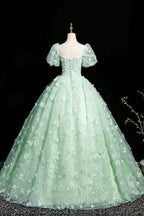 Green A-Line Tulle Beaded Sequin Long Evening Prom Dress, Beautiful 3D Butterfly Evening Dress