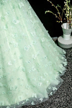 Green A-Line Tulle Beaded Sequin Long Evening Prom Dress, Beautiful 3D Butterfly Evening Dress