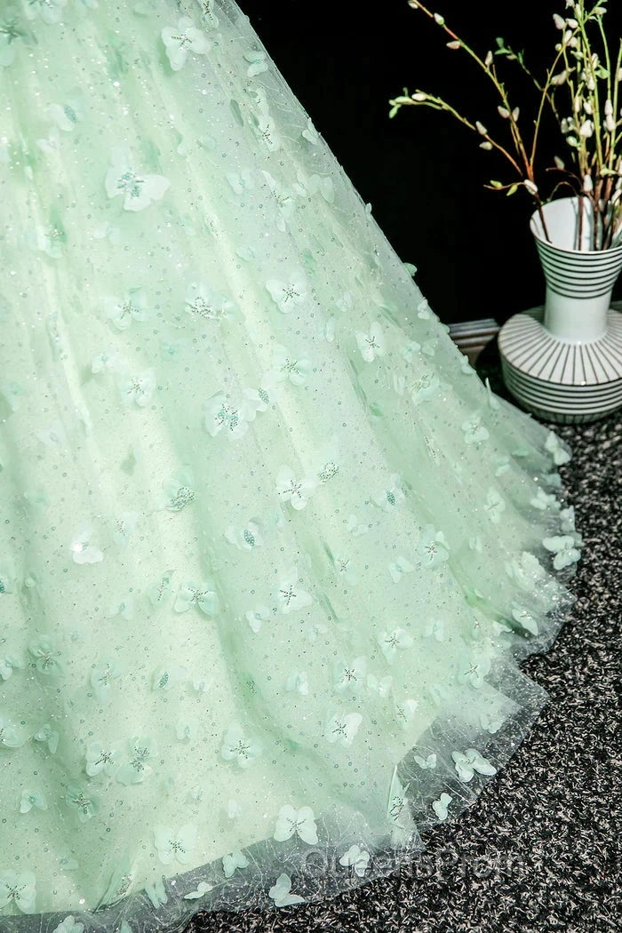 Green A-Line Tulle Beaded Sequin Long Evening Prom Dress, Beautiful 3D Butterfly Evening Dress
