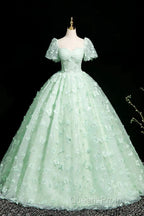 Green A-Line Tulle Beaded Sequin Long Evening Prom Dress, Beautiful 3D Butterfly Evening Dress