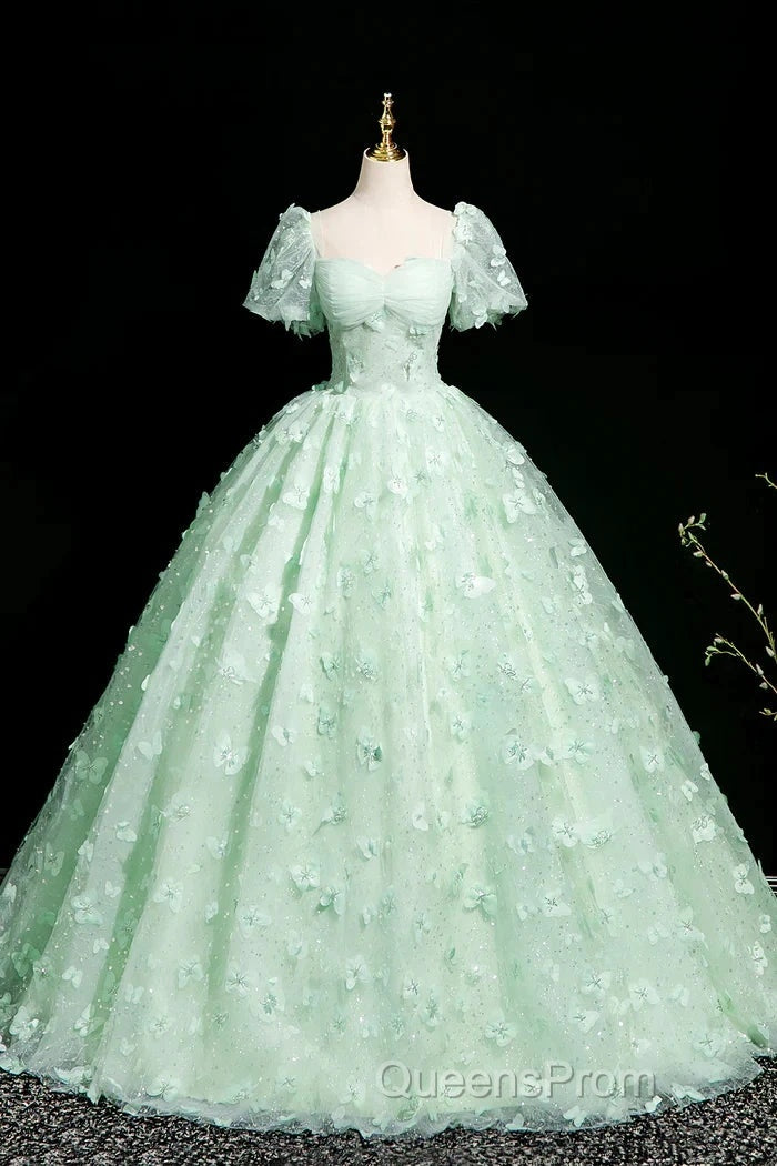 Green A-Line Tulle Beaded Sequin Long Evening Prom Dress, Beautiful 3D Butterfly Evening Dress