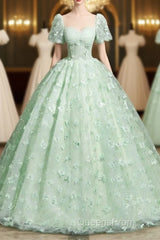Green A-Line Tulle Beaded Sequin Long Evening Prom Dress, Beautiful 3D Butterfly Evening Dress