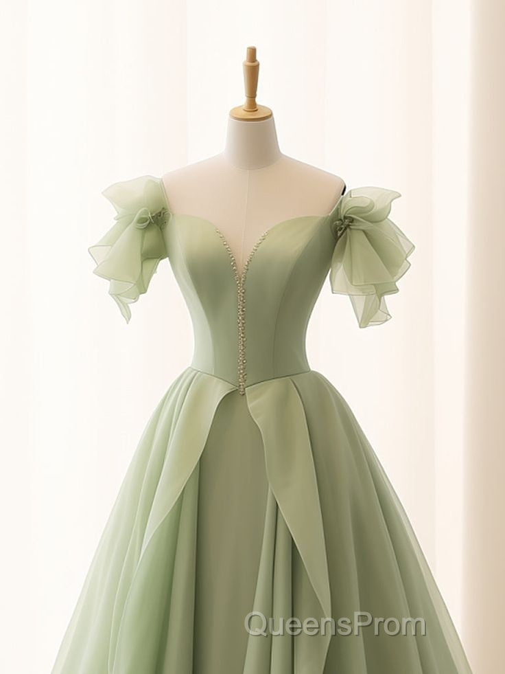 Green A Line Tulle Long Evening Prom Dress V Neck Long Formal Dress Secondary image