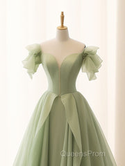 Green A Line Tulle Long Evening Prom Dress V Neck Long Formal Dress