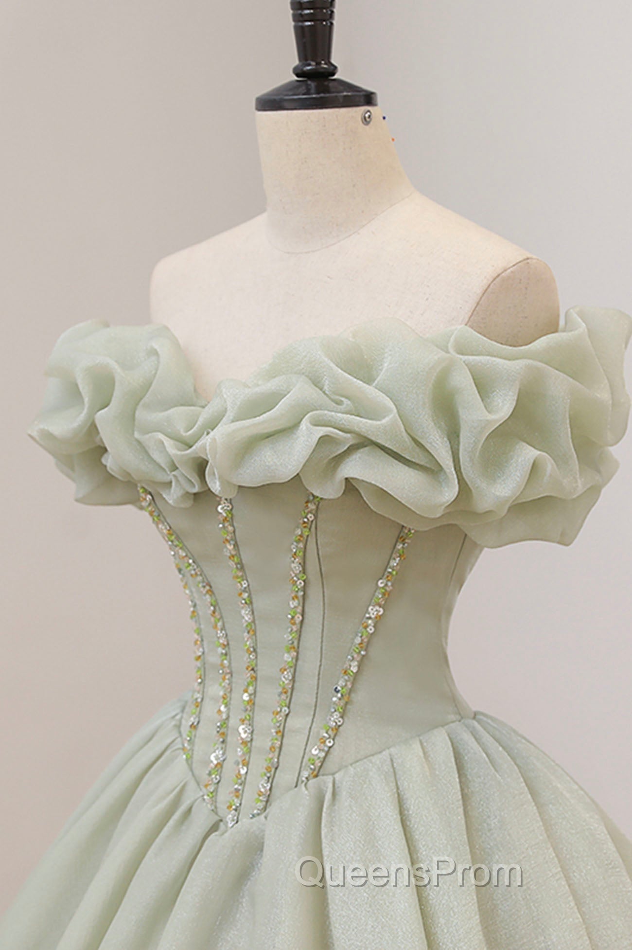 Green A-Line Tulle Long Evening Prom Dress with Beaded, Off the Shoulder Evening Dress Secondary image