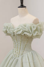 Green A-Line Tulle Long Evening Prom Dress with Beaded, Off the Shoulder Evening Dress