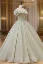 Green A-Line Tulle Long Evening Prom Dress with Beaded, Off the Shoulder Evening Dress