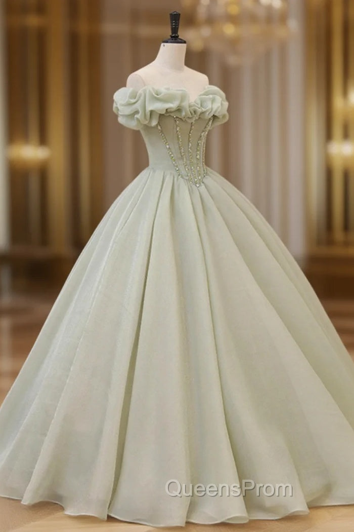 Green A-Line Tulle Long Evening Prom Dress with Beaded, Off the Shoulder Evening Dress