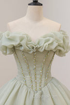 Green A-Line Tulle Long Evening Prom Dress with Beaded, Off the Shoulder Evening Dress