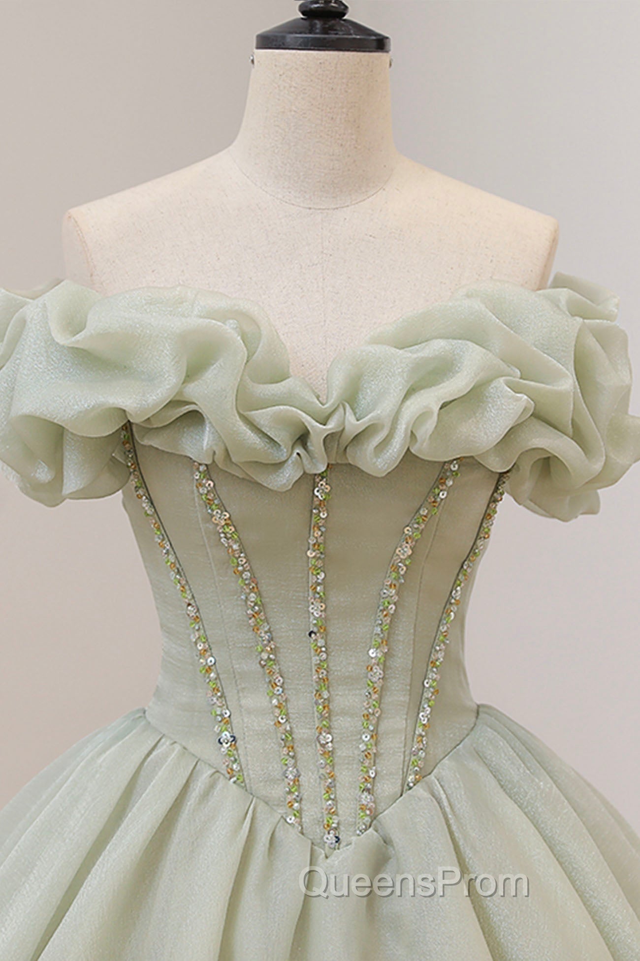 Green A-Line Tulle Long Evening Prom Dress with Beaded, Off the Shoulder Evening Dress