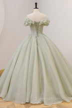 Green A-Line Tulle Long Evening Prom Dress with Beaded, Off the Shoulder Evening Dress