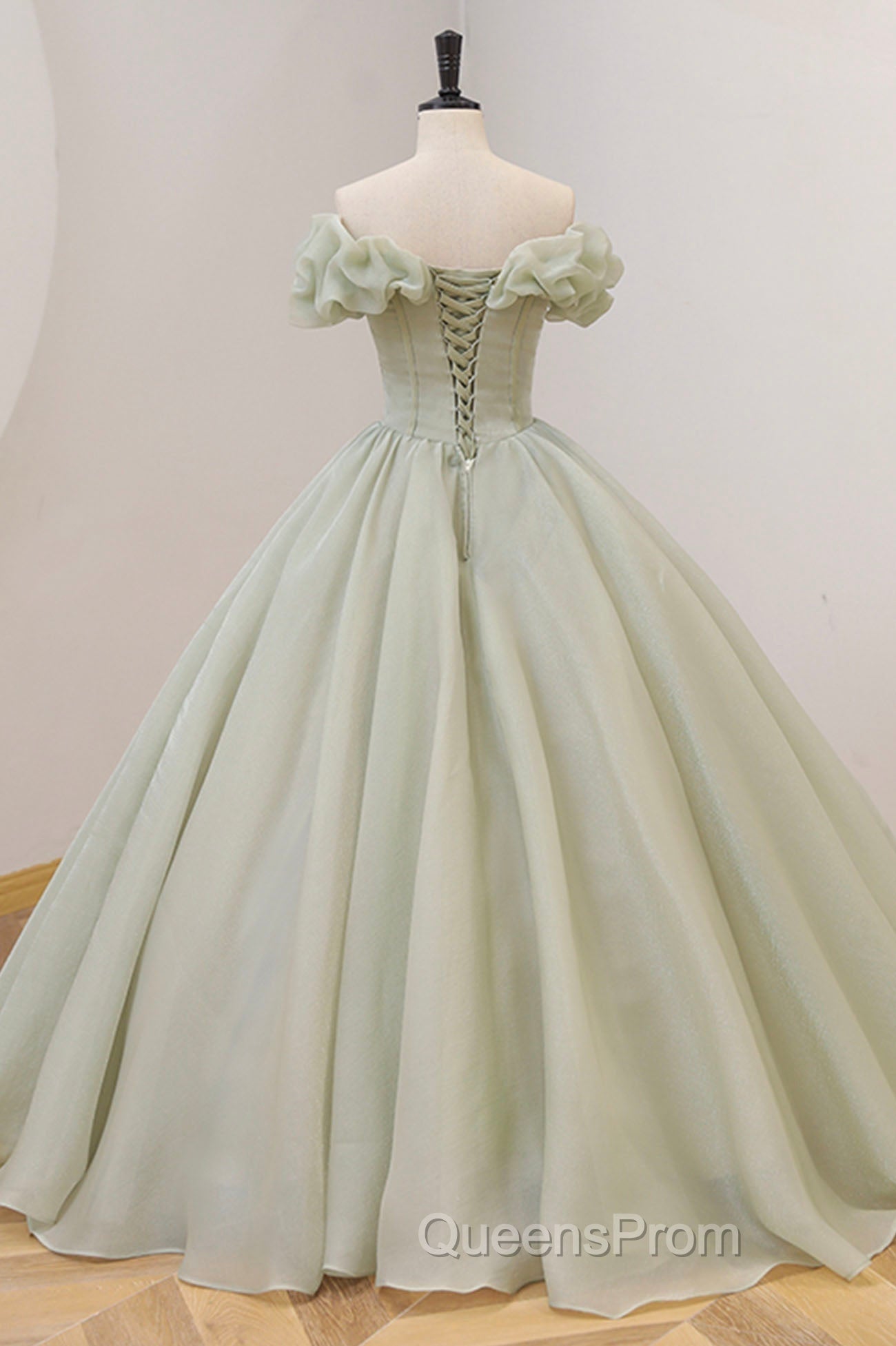 Green A-Line Tulle Long Evening Prom Dress with Beaded, Off the Shoulder Evening Dress