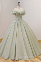 Green A-Line Tulle Long Evening Prom Dress with Beaded, Off the Shoulder Evening Dress