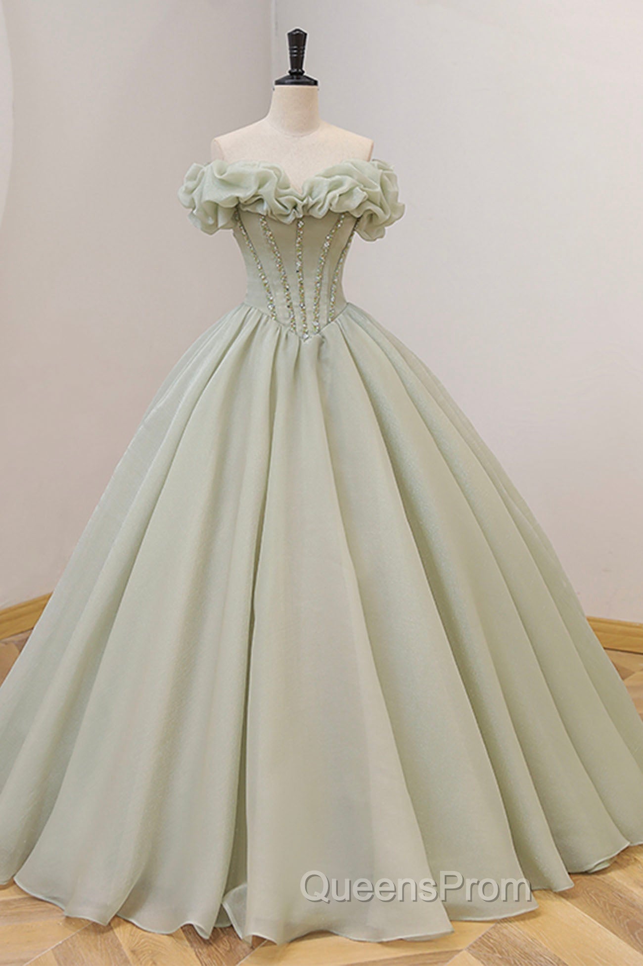 Green A-Line Tulle Long Evening Prom Dress with Beaded, Off the Shoulder Evening Dress