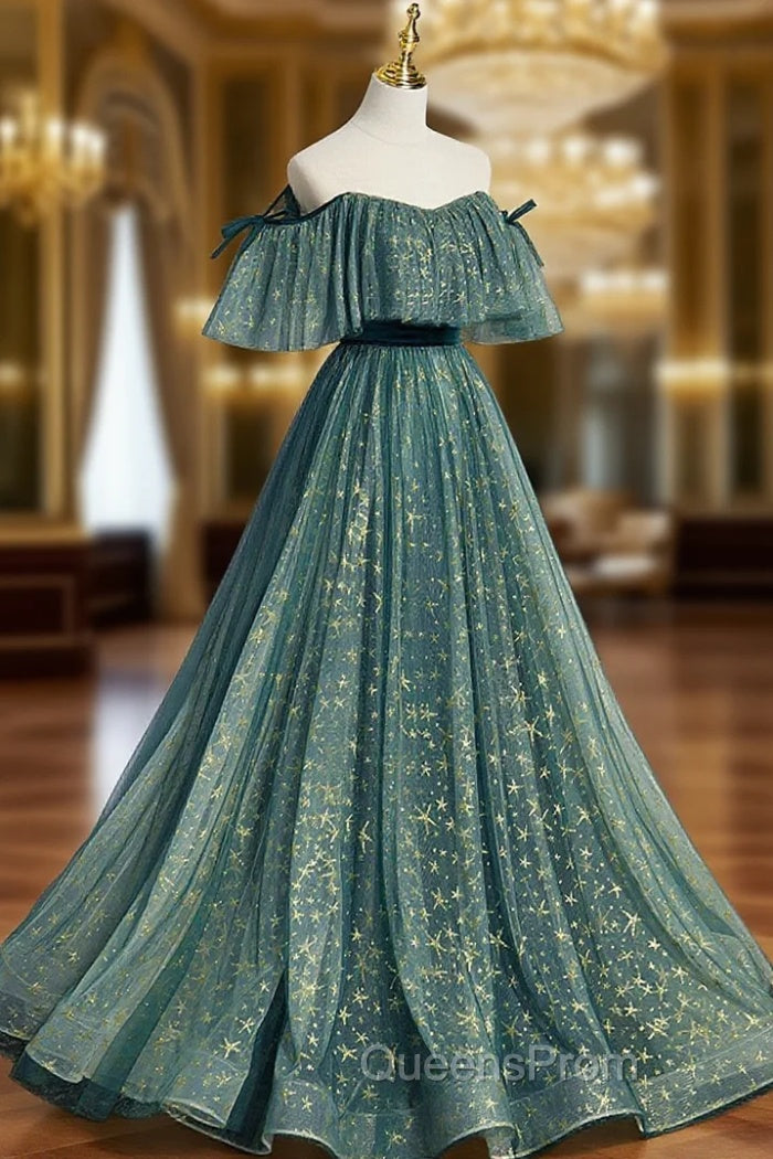 Green A line Tulle Long Evening Prom Dress, Green Graduation Dress Main image