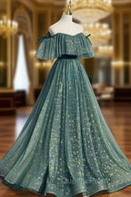 Green A line Tulle Long Evening Prom Dress, Green Graduation Dress