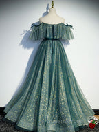 Green A line Tulle Long Evening Prom Dress, Green Graduation Dress