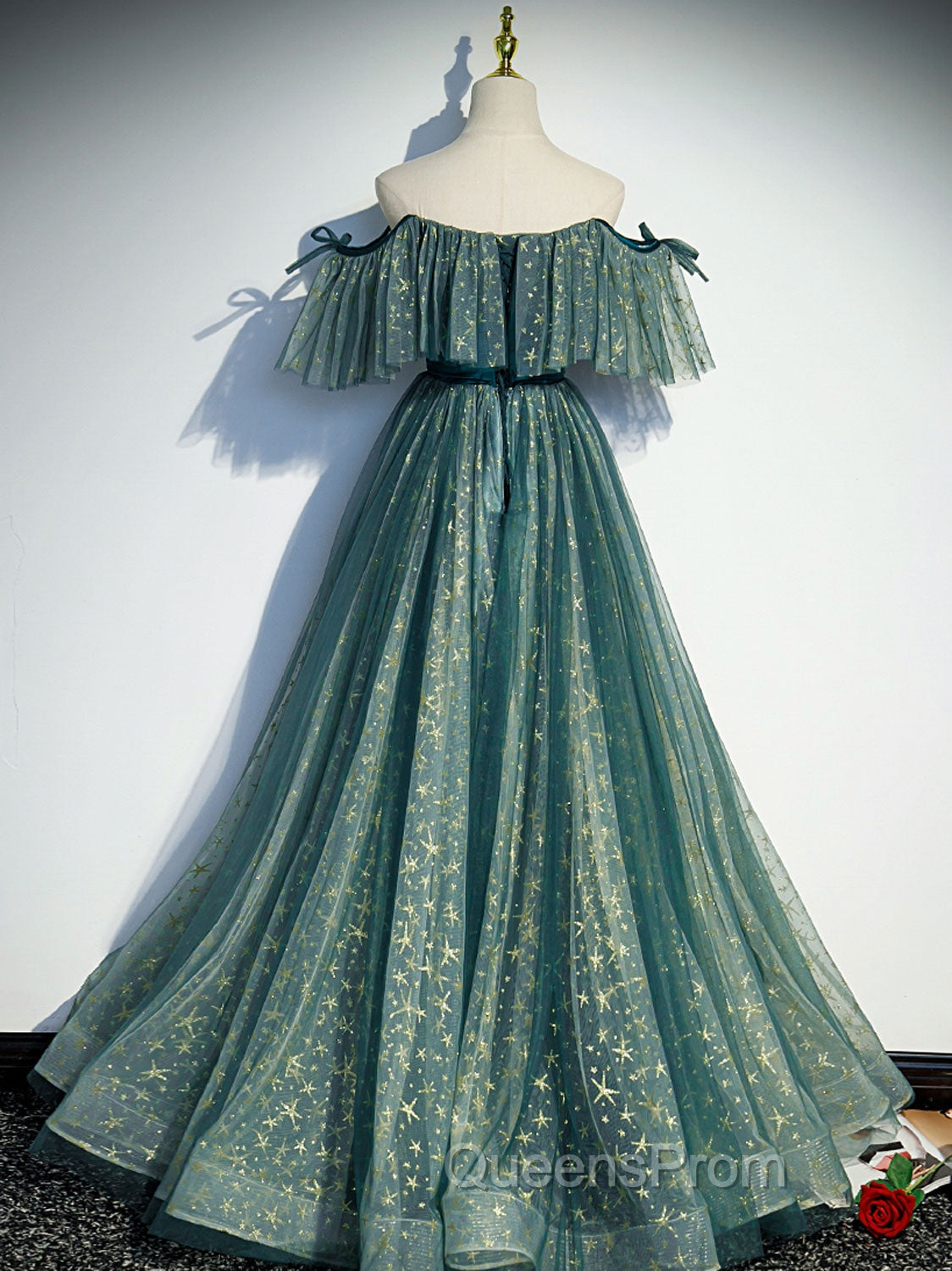 Green A line Tulle Long Evening Prom Dress, Green Graduation Dress