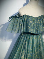 Green A line Tulle Long Evening Prom Dress, Green Graduation Dress