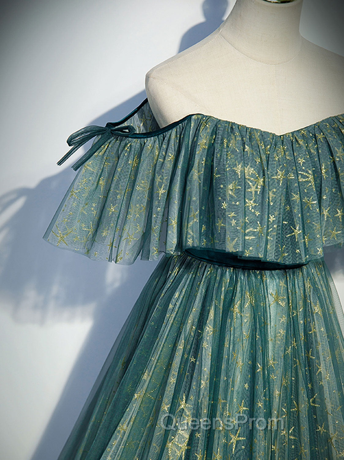 Green A line Tulle Long Evening Prom Dress, Green Graduation Dress