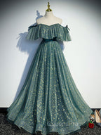 Green A line Tulle Long Evening Prom Dress, Green Graduation Dress