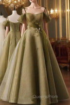Green A-line Tulle Long Sweetheart Party Dress, Green Tulle Evening Prom Dress