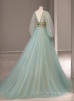 Green A-line Tulle New Evening Prom Dress Long Sleeves Green Party Dress Evening Prom Dress shops