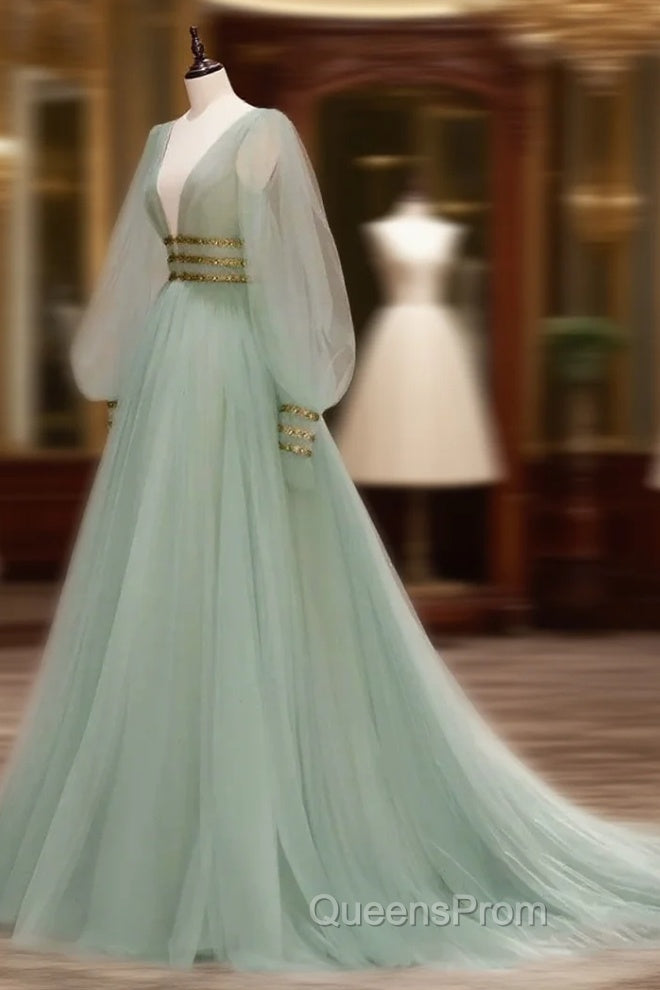 Green A-line Tulle New Evening Prom Dress Long Sleeves Green Party Dress Evening Prom Dress shops Main image