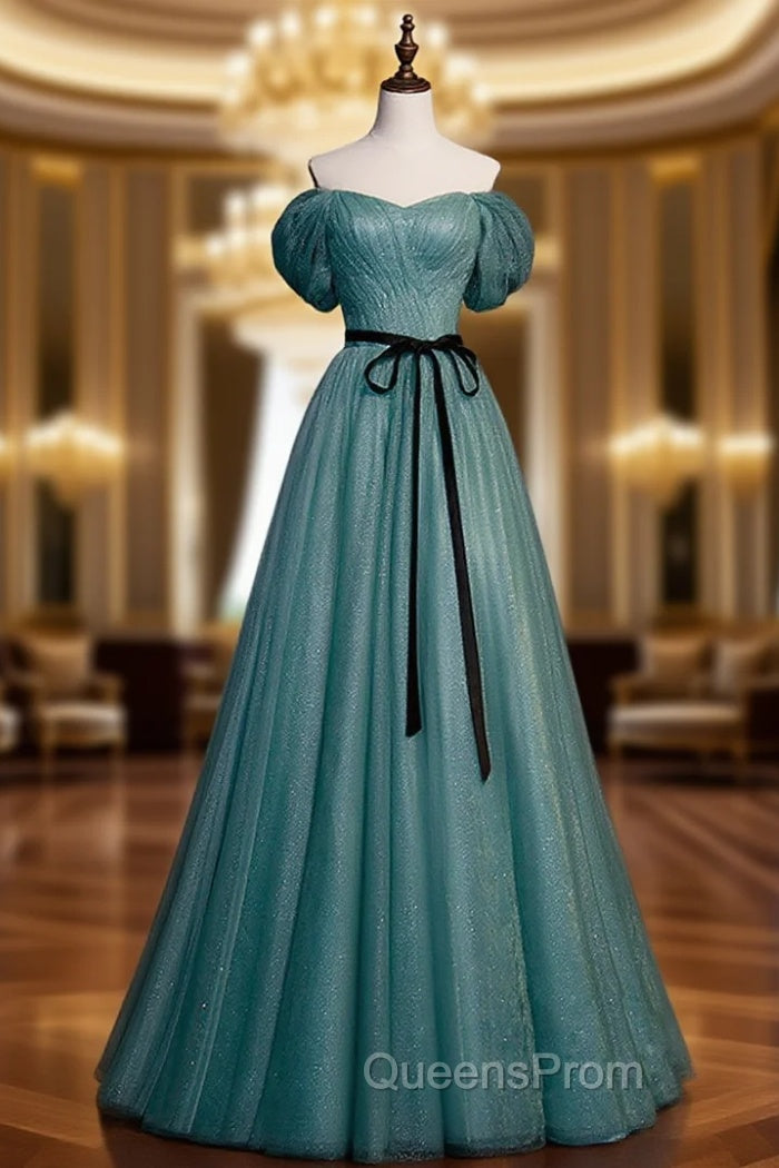 Green A line Tulle Sequin Long Evening Prom Dress, Green Tulle Graduation Dress Main image