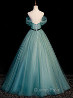 Green A line Tulle Sequin Long Evening Prom Dress, Green Tulle Graduation Dress