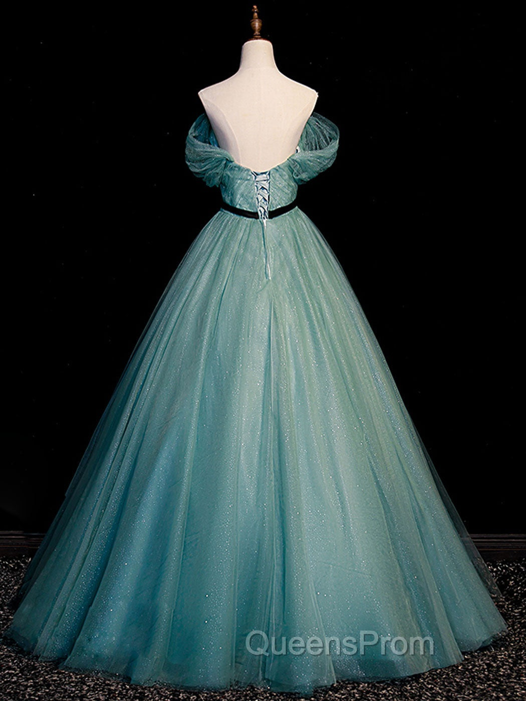 Green A line Tulle Sequin Long Evening Prom Dress, Green Tulle Graduation Dress