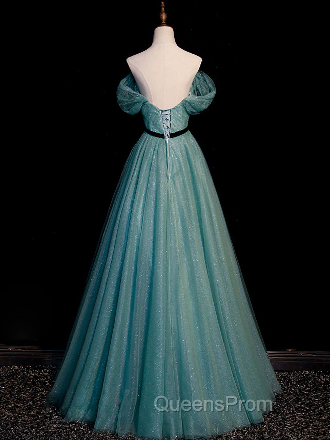 Green A line Tulle Sequin Long Evening Prom Dress, Green Tulle Graduation Dress