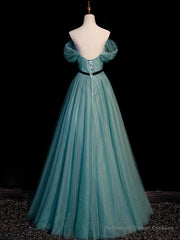 Green A line Tulle Sequin Long Prom Dress, Green Tulle Graduation Dress