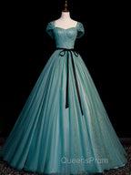 Green A line Tulle Sequin Long Evening Prom Dress, Green Tulle Graduation Dress