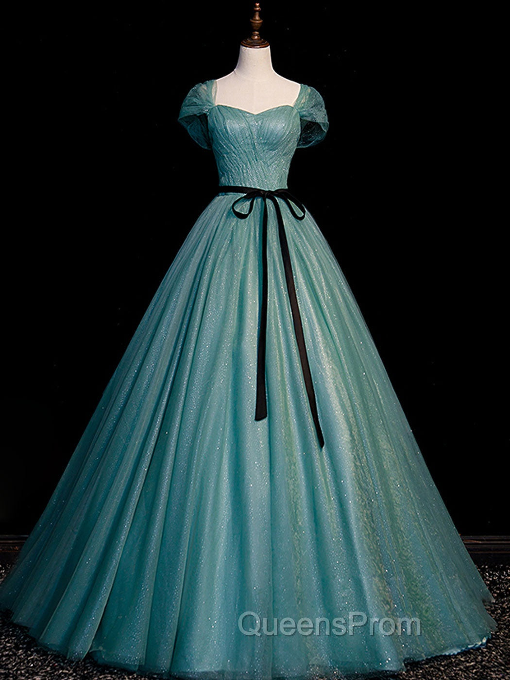 Green A line Tulle Sequin Long Evening Prom Dress, Green Tulle Graduation Dress
