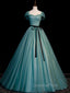 Green A line Tulle Sequin Long Evening Prom Dress, Green Tulle Graduation Dress
