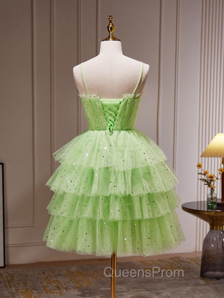 Green A-Line Tulle Short Evening Prom Dress, Green Homecoming Dress