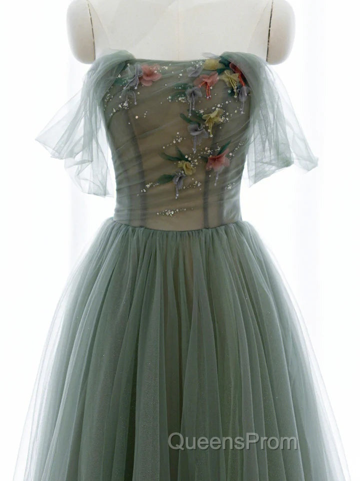 Green A-line Tulle with Lace Applique Long Evening Dress, Green Evening Prom Dress Secondary image