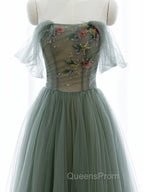 Green A-line Tulle with Lace Applique Long Evening Dress, Green Evening Prom Dress