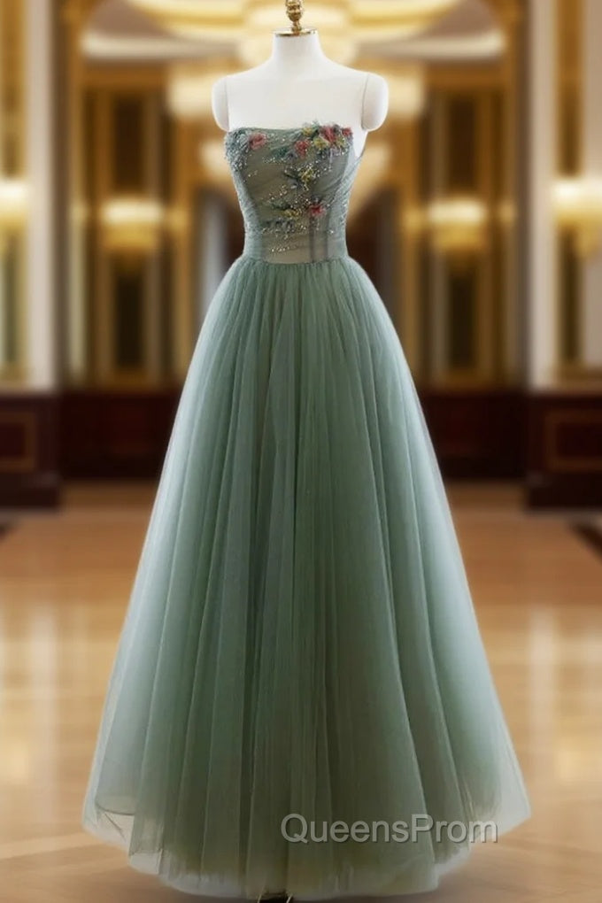 Green A-line Tulle with Lace Applique Long Evening Dress, Green Evening Prom Dress Main image