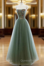 Green A-line Tulle with Lace Applique Long Evening Dress, Green Evening Prom Dress