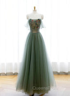 Green A-line Tulle with Lace Applique Long Evening Dress, Green Evening Prom Dress