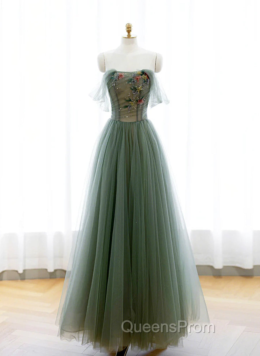 Green A-line Tulle with Lace Applique Long Evening Dress, Green Evening Prom Dress