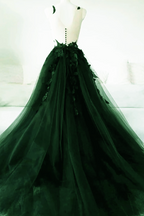 Green A-Line Tulle With Lace Low Back Classy Prom Dress, Green Tulle Classy Evening Dress Party Dress