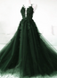 Green A-Line Tulle With Lace Low Back Classy Prom Dress, Green Tulle Classy Evening Dress Party Dress