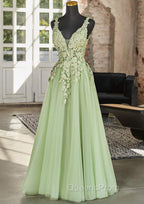 Green A-line V-neckline Tulle with Lace Long Party Dress, Green Tulle Evening Prom Dress