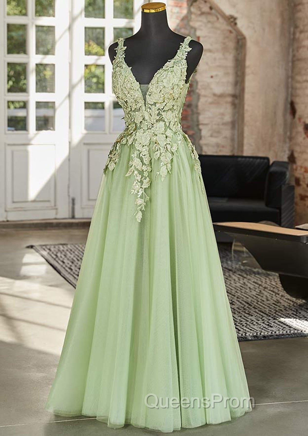 Green A-line V-neckline Tulle with Lace Long Party Dress, Green Tulle Evening Prom Dress