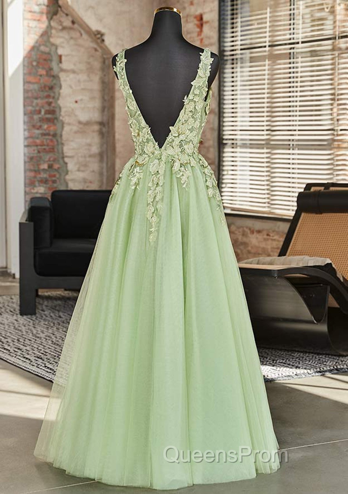 Green A-line V-neckline Tulle with Lace Long Party Dress, Green Tulle Evening Prom Dress